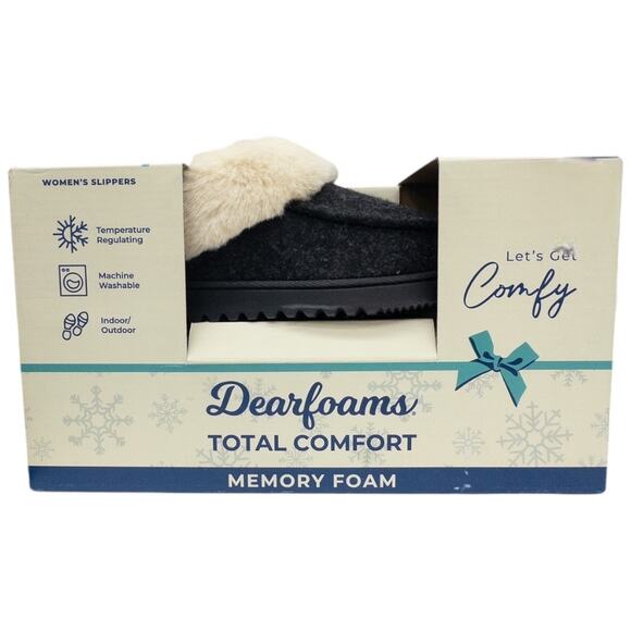 Dearfoams Women's Memory Foam Slippers Faux Fur Slip On Indoor Outdoor Black - Picture 2 of 4